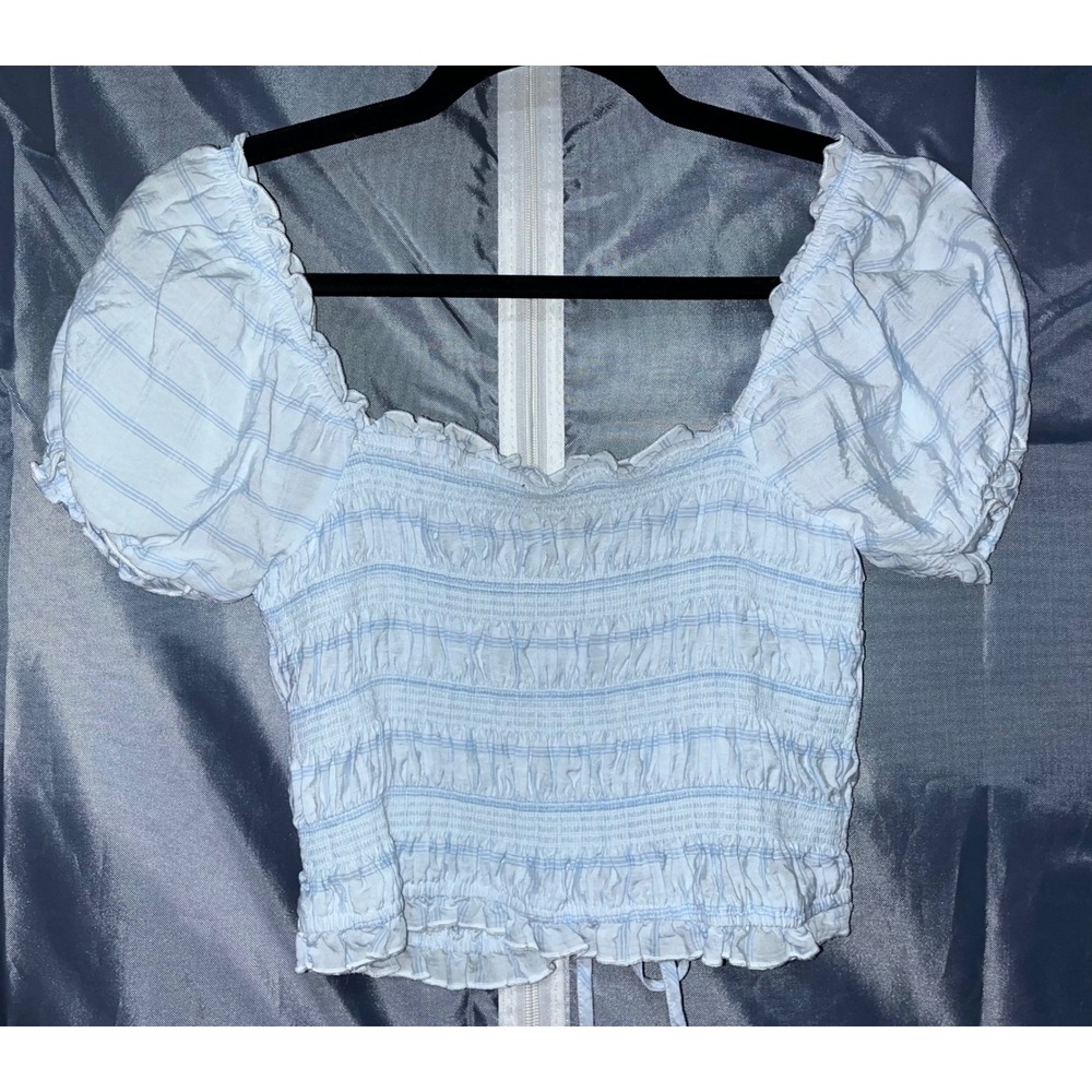 Forever 21 Blue Plaid Smocked Crop Top Puff Sleeve Drawstring Women's Size Large - Picture 6 of 7